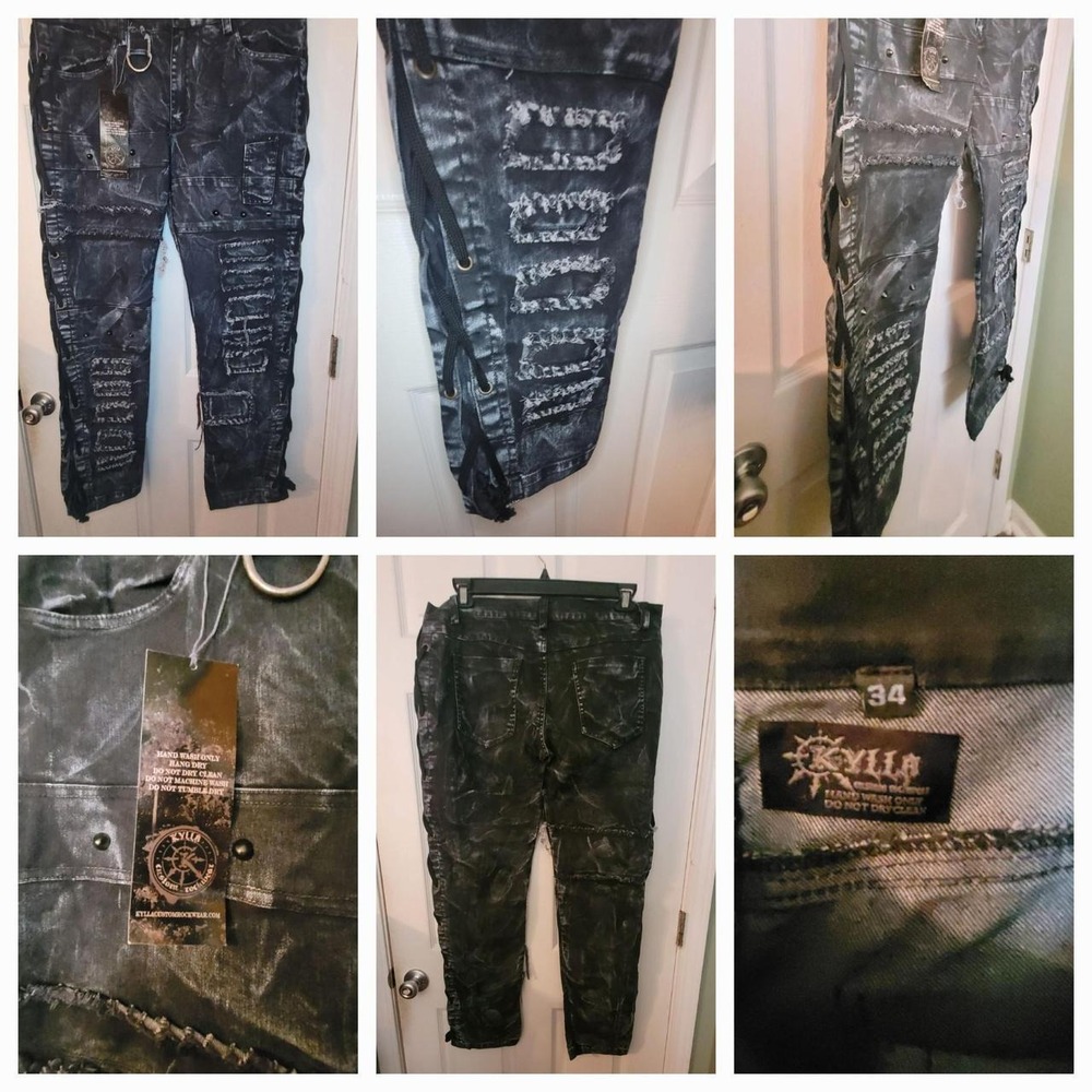 EXECUTOR Side-Lace Distressed Denim jeans Heavy Distressed Waxed Crust Punk